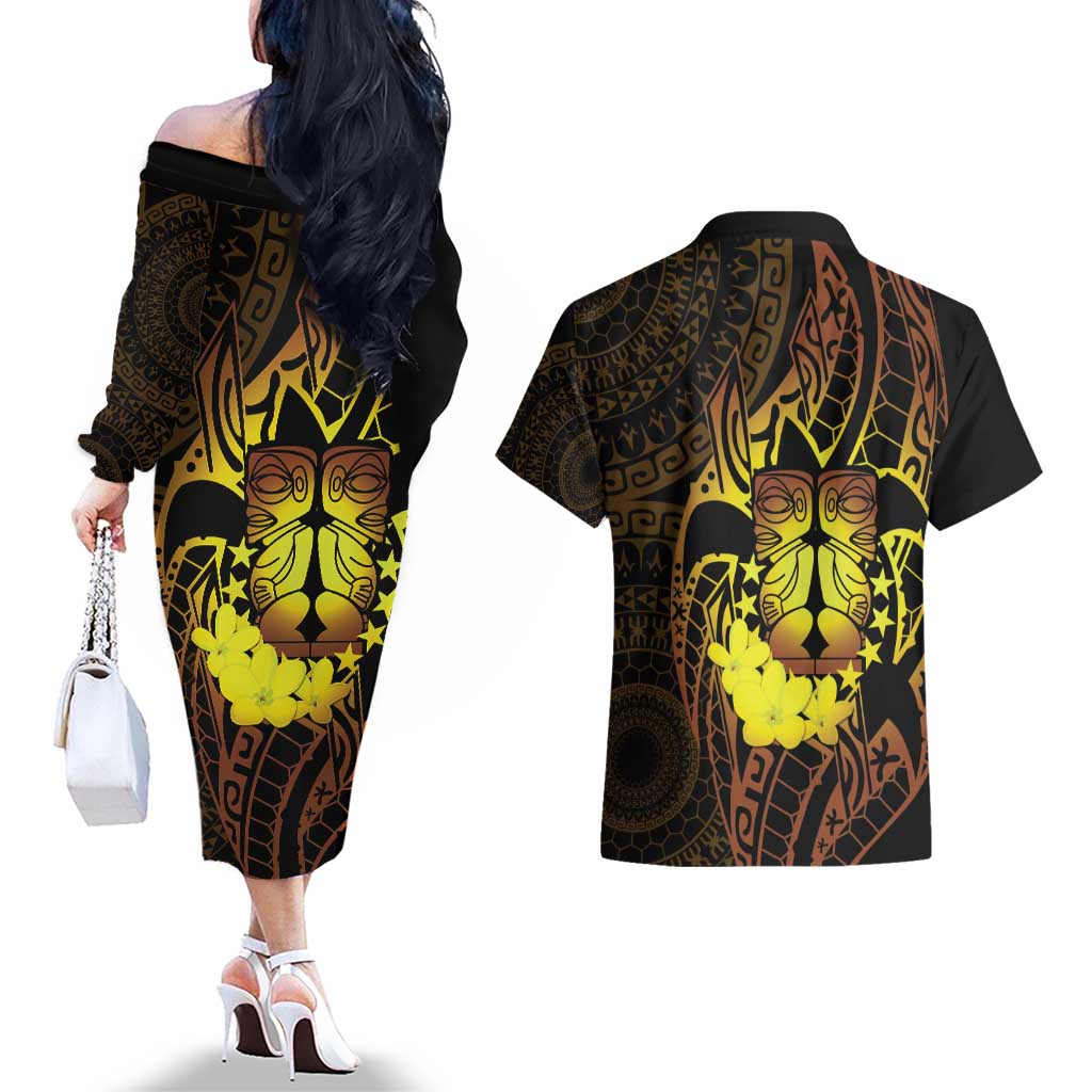 Kia Orana Kuki Airani Couples Matching Off The Shoulder Long Sleeve Dress and Hawaiian Shirt Cook Islands Tangaroa God Tatau Gold LT14 - Polynesian Pride
