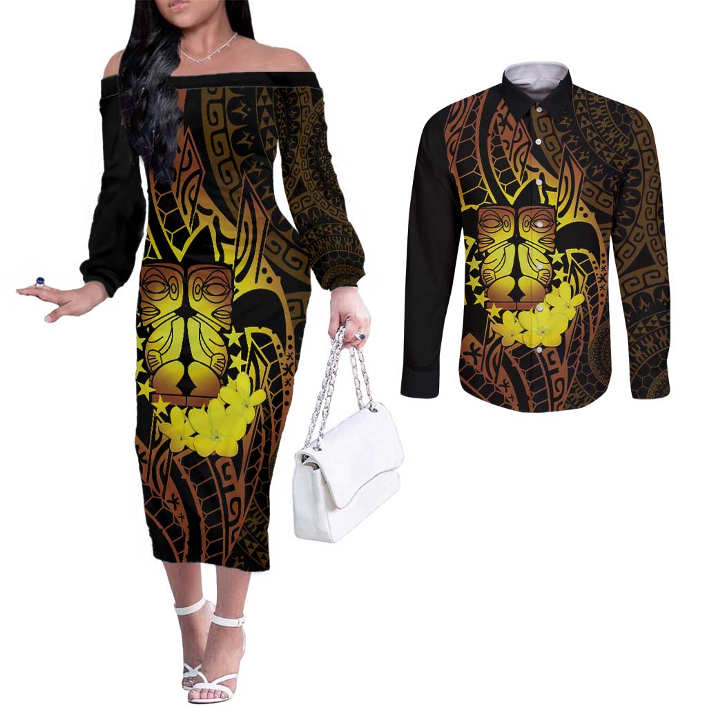 Kia Orana Kuki Airani Couples Matching Off The Shoulder Long Sleeve Dress and Long Sleeve Button Shirt Cook Islands Tangaroa God Tatau Gold