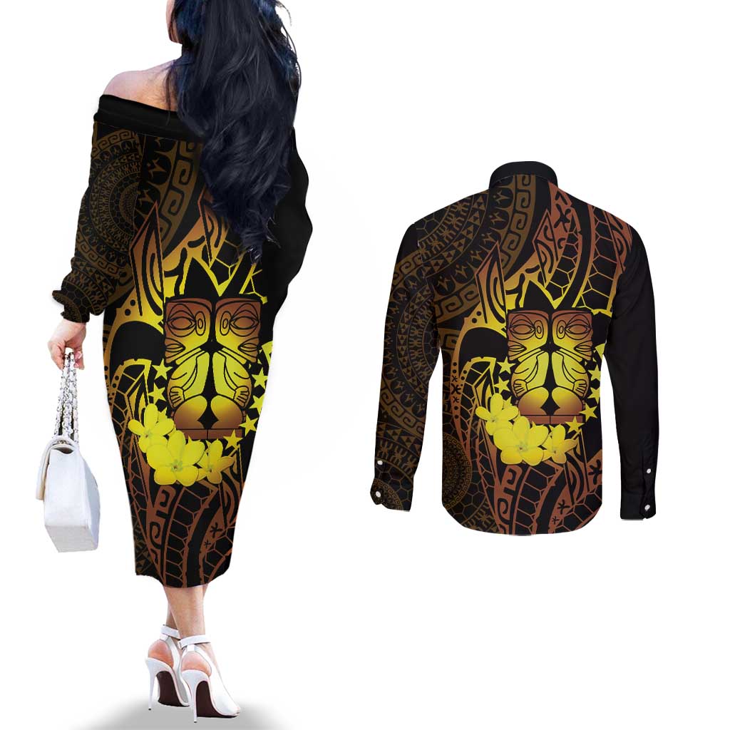 Kia Orana Kuki Airani Couples Matching Off The Shoulder Long Sleeve Dress and Long Sleeve Button Shirt Cook Islands Tangaroa God Tatau Gold LT14 - Polynesian Pride