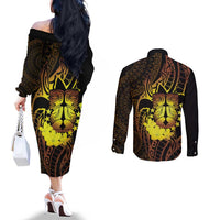 Kia Orana Kuki Airani Couples Matching Off The Shoulder Long Sleeve Dress and Long Sleeve Button Shirt Cook Islands Tangaroa God Tatau Gold LT14 - Polynesian Pride