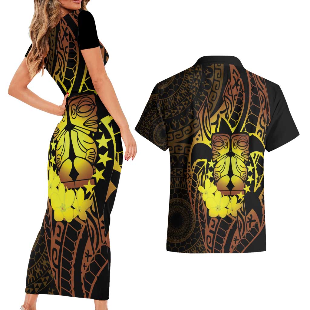 Kia Orana Kuki Airani Couples Matching Short Sleeve Bodycon Dress and Hawaiian Shirt Cook Islands Tangaroa God Tatau Gold LT14 - Polynesian Pride
