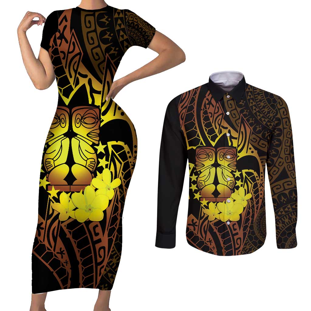 Kia Orana Kuki Airani Couples Matching Short Sleeve Bodycon Dress and Long Sleeve Button Shirt Cook Islands Tangaroa God Tatau Gold LT14 Gold - Polynesian Pride