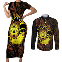 Kia Orana Kuki Airani Couples Matching Short Sleeve Bodycon Dress and Long Sleeve Button Shirt Cook Islands Tangaroa God Tatau Gold LT14 Gold - Polynesian Pride