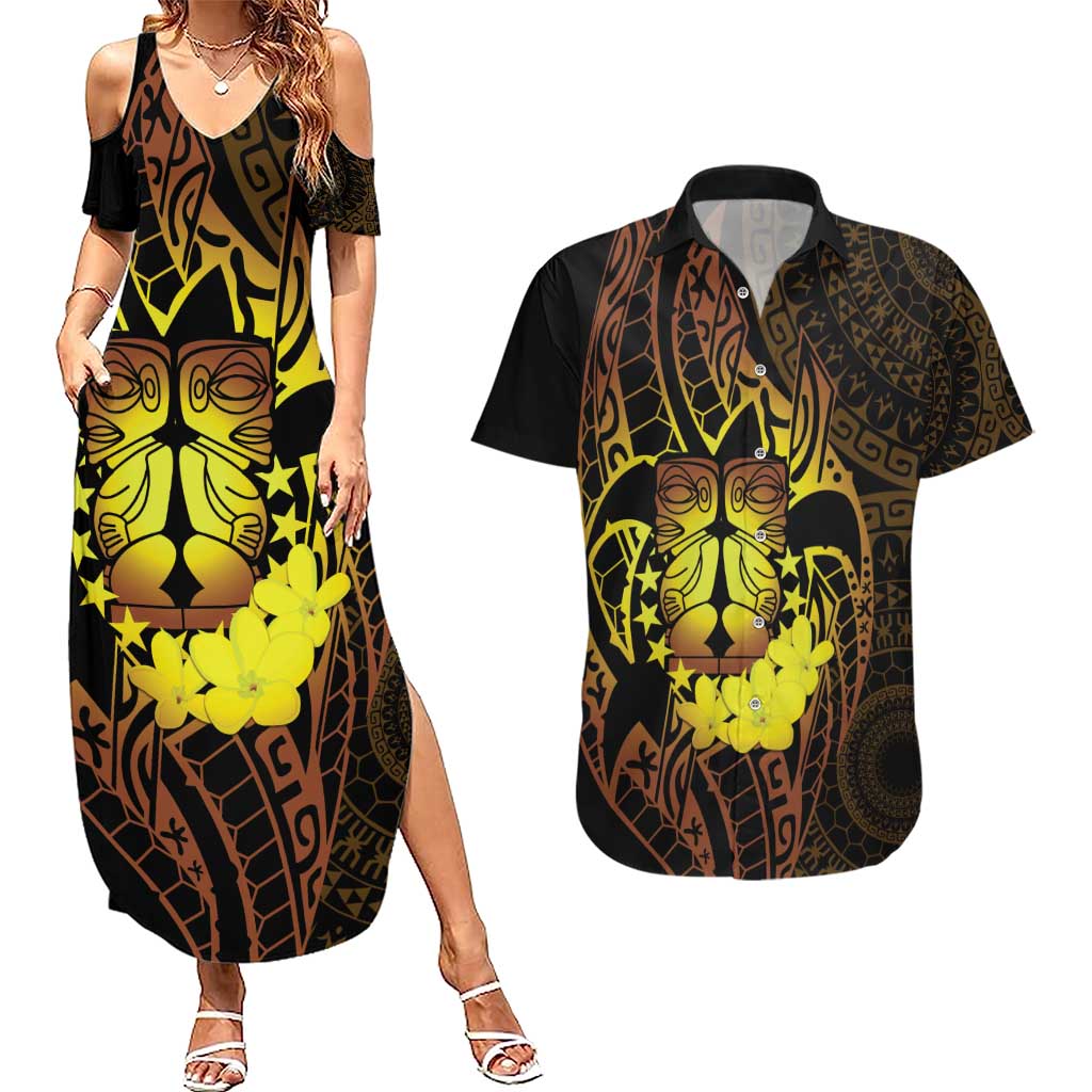 Kia Orana Kuki Airani Couples Matching Summer Maxi Dress and Hawaiian Shirt Cook Islands Tangaroa God Tatau Gold