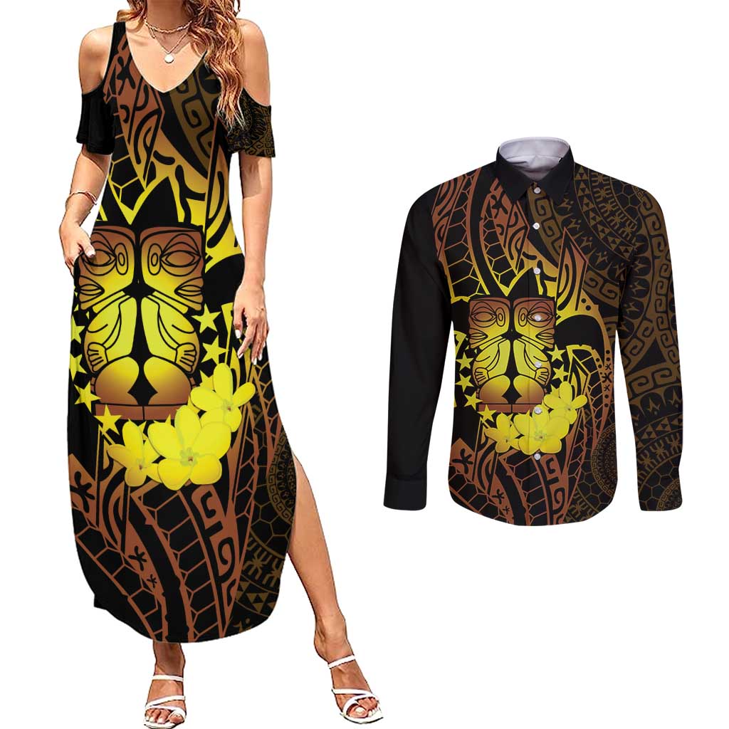 Kia Orana Kuki Airani Couples Matching Summer Maxi Dress and Long Sleeve Button Shirt Cook Islands Tangaroa God Tatau Gold LT14 Gold - Polynesian Pride