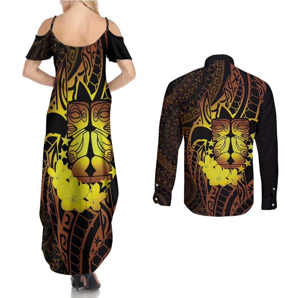 Kia Orana Kuki Airani Couples Matching Summer Maxi Dress and Long Sleeve Button Shirt Cook Islands Tangaroa God Tatau Gold LT14 - Polynesian Pride