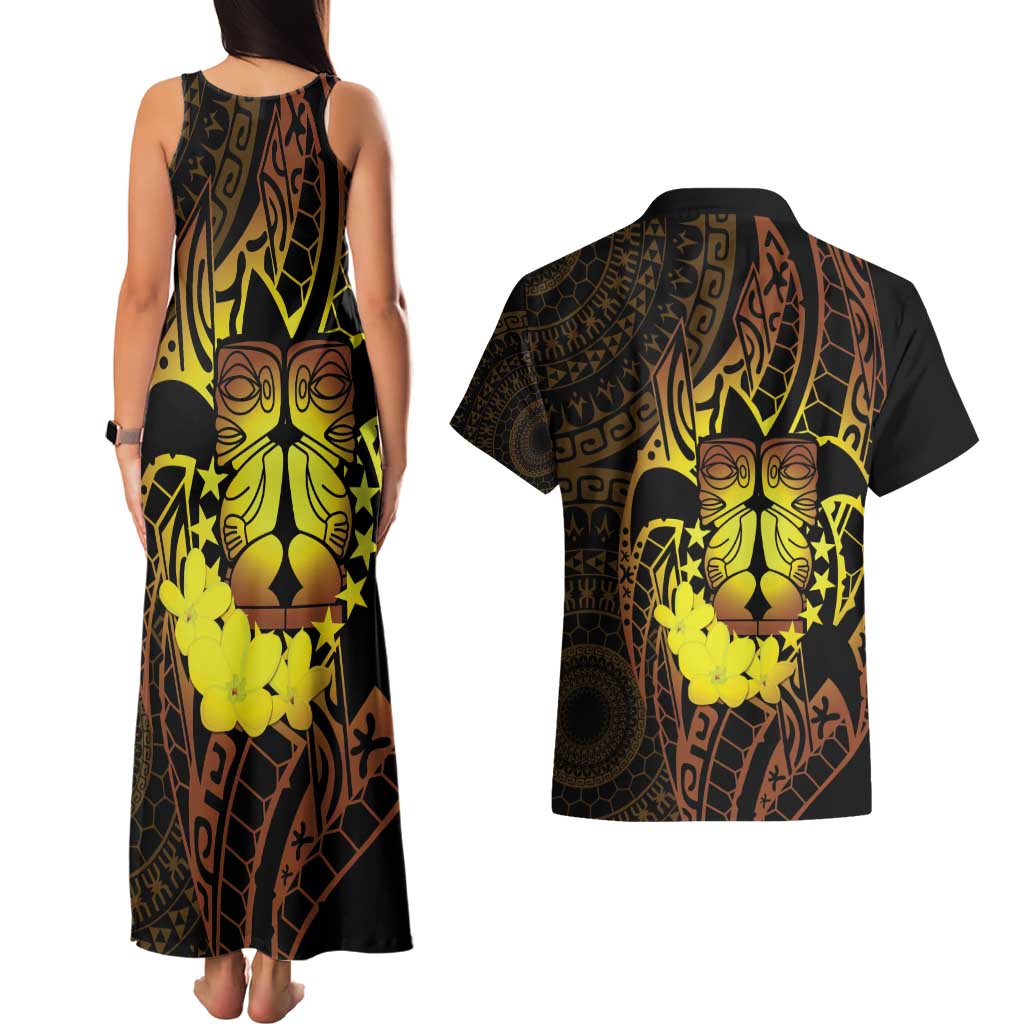Kia Orana Kuki Airani Couples Matching Tank Maxi Dress and Hawaiian Shirt Cook Islands Tangaroa God Tatau Gold LT14 - Polynesian Pride