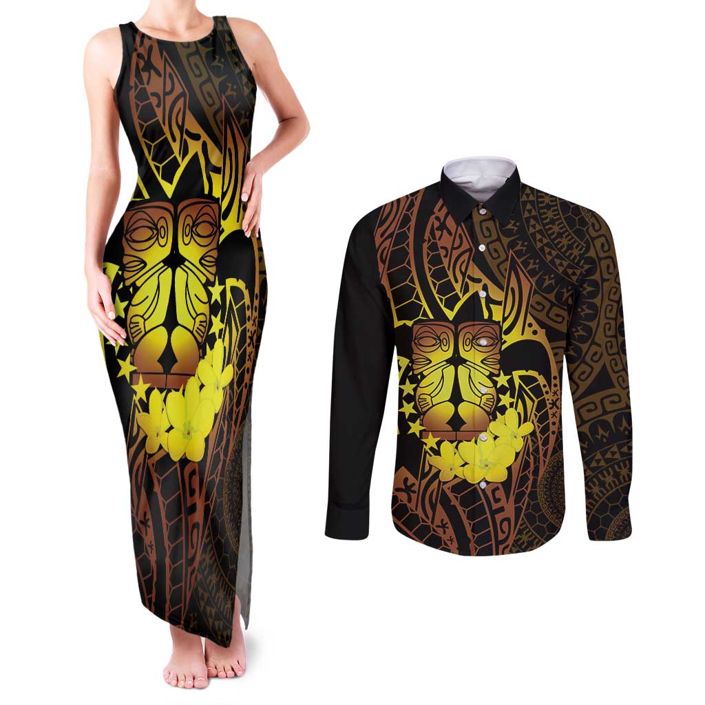 Kia Orana Kuki Airani Couples Matching Tank Maxi Dress and Long Sleeve Button Shirt Cook Islands Tangaroa God Tatau Gold LT14 Gold - Polynesian Pride