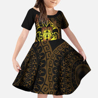 Kia Orana Kuki Airani Family Matching Long Sleeve Bodycon Dress and Hawaiian Shirt Cook Islands Tangaroa God Tatau Gold LT14 Daughter's Dress Gold - Polynesian Pride
