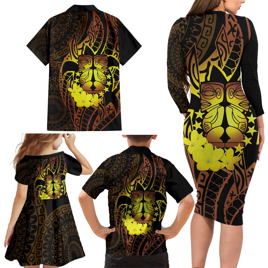 Kia Orana Kuki Airani Family Matching Long Sleeve Bodycon Dress and Hawaiian Shirt Cook Islands Tangaroa God Tatau Gold LT14 - Polynesian Pride