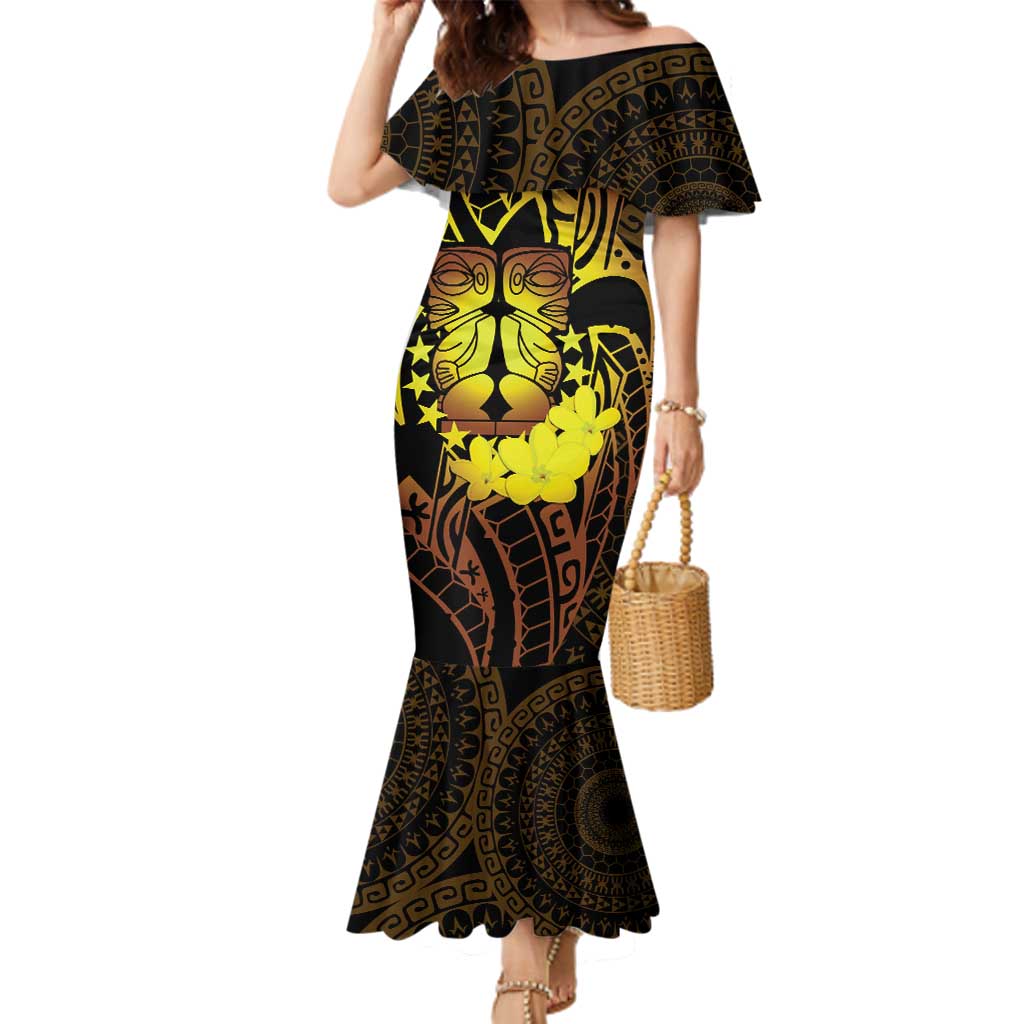 Kia Orana Kuki Airani Family Matching Mermaid Dress and Hawaiian Shirt Cook Islands Tangaroa God Tatau Gold LT14 Mom's Dress Gold - Polynesian Pride