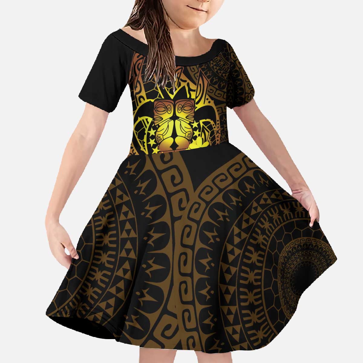 Kia Orana Kuki Airani Family Matching Off The Shoulder Long Sleeve Dress and Hawaiian Shirt Cook Islands Tangaroa God Tatau Gold LT14 Daughter's Dress Gold - Polynesian Pride