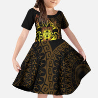 Kia Orana Kuki Airani Family Matching Off The Shoulder Long Sleeve Dress and Hawaiian Shirt Cook Islands Tangaroa God Tatau Gold LT14 Daughter's Dress Gold - Polynesian Pride
