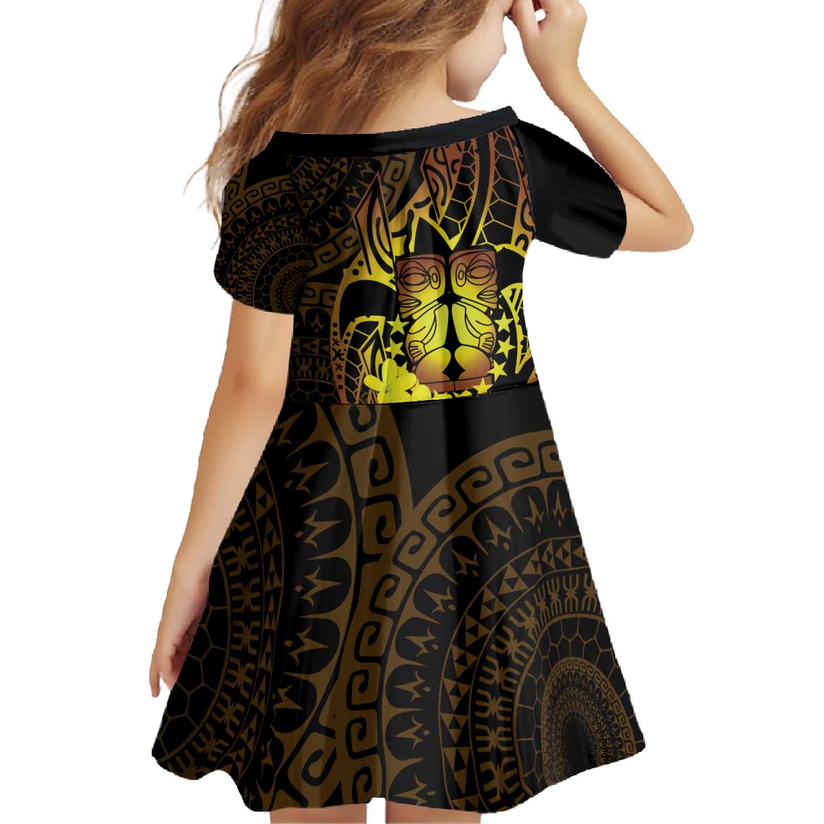 Kia Orana Kuki Airani Family Matching Off The Shoulder Long Sleeve Dress and Hawaiian Shirt Cook Islands Tangaroa God Tatau Gold LT14 - Polynesian Pride