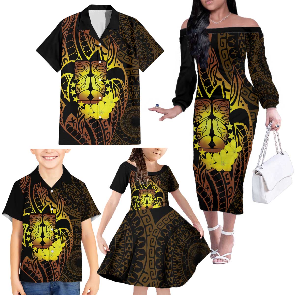 Kia Orana Kuki Airani Family Matching Off The Shoulder Long Sleeve Dress and Hawaiian Shirt Cook Islands Tangaroa God Tatau Gold LT14 - Polynesian Pride