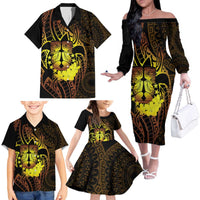 Kia Orana Kuki Airani Family Matching Off The Shoulder Long Sleeve Dress and Hawaiian Shirt Cook Islands Tangaroa God Tatau Gold LT14 - Polynesian Pride