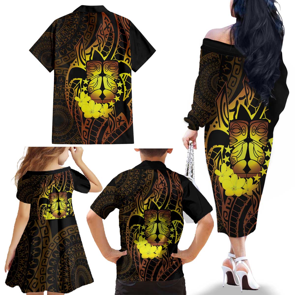 Kia Orana Kuki Airani Family Matching Off The Shoulder Long Sleeve Dress and Hawaiian Shirt Cook Islands Tangaroa God Tatau Gold LT14 - Polynesian Pride