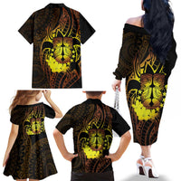 Kia Orana Kuki Airani Family Matching Off The Shoulder Long Sleeve Dress and Hawaiian Shirt Cook Islands Tangaroa God Tatau Gold LT14 - Polynesian Pride