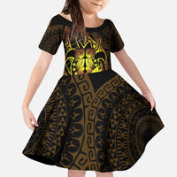 Kia Orana Kuki Airani Family Matching Off Shoulder Maxi Dress and Hawaiian Shirt Cook Islands Tangaroa God Tatau Gold LT14 Daughter's Dress Gold - Polynesian Pride