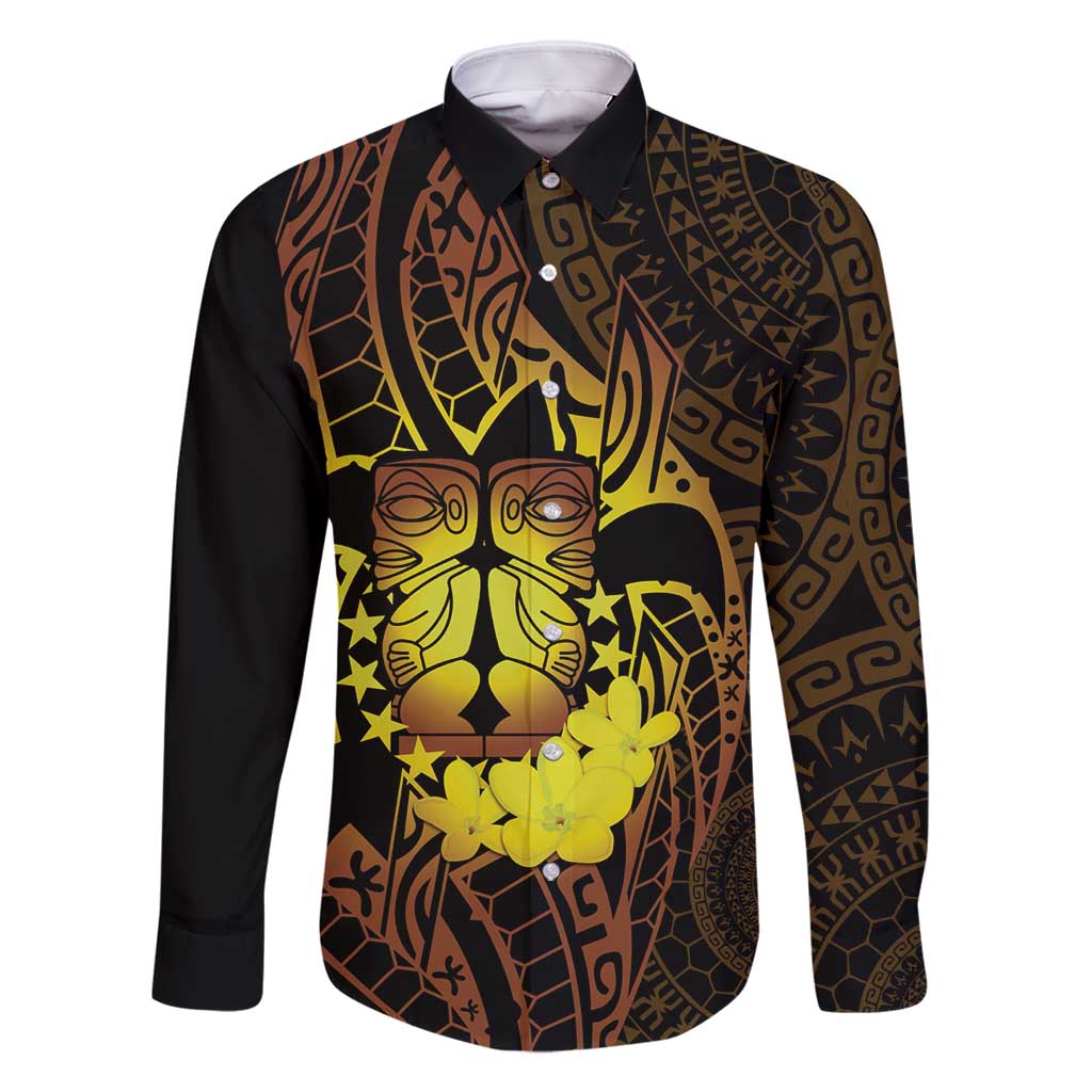 Kia Orana Kuki Airani Family Matching Off Shoulder Maxi Dress and Hawaiian Shirt Cook Islands Tangaroa God Tatau Gold LT14 Dad's Shirt - Long Sleeve Gold - Polynesian Pride