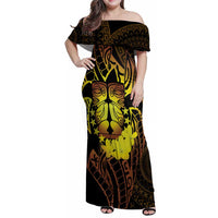 Kia Orana Kuki Airani Family Matching Off Shoulder Maxi Dress and Hawaiian Shirt Cook Islands Tangaroa God Tatau Gold LT14 Mom's Dress Gold - Polynesian Pride