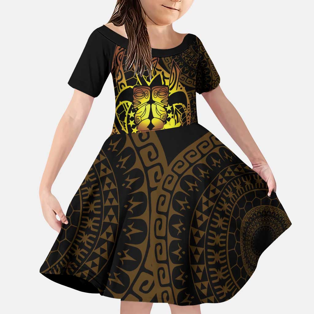 Kia Orana Kuki Airani Family Matching Puletasi and Hawaiian Shirt Cook Islands Tangaroa God Tatau Gold LT14 Daughter's Dress Gold - Polynesian Pride