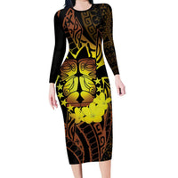 Kia Orana Kuki Airani Long Sleeve Bodycon Dress Cook Islands Tangaroa God Tatau Gold LT14 Long Dress Gold - Polynesian Pride