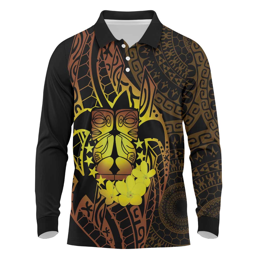 Kia Orana Kuki Airani Long Sleeve Polo Shirt Cook Islands Tangaroa God Tatau Gold