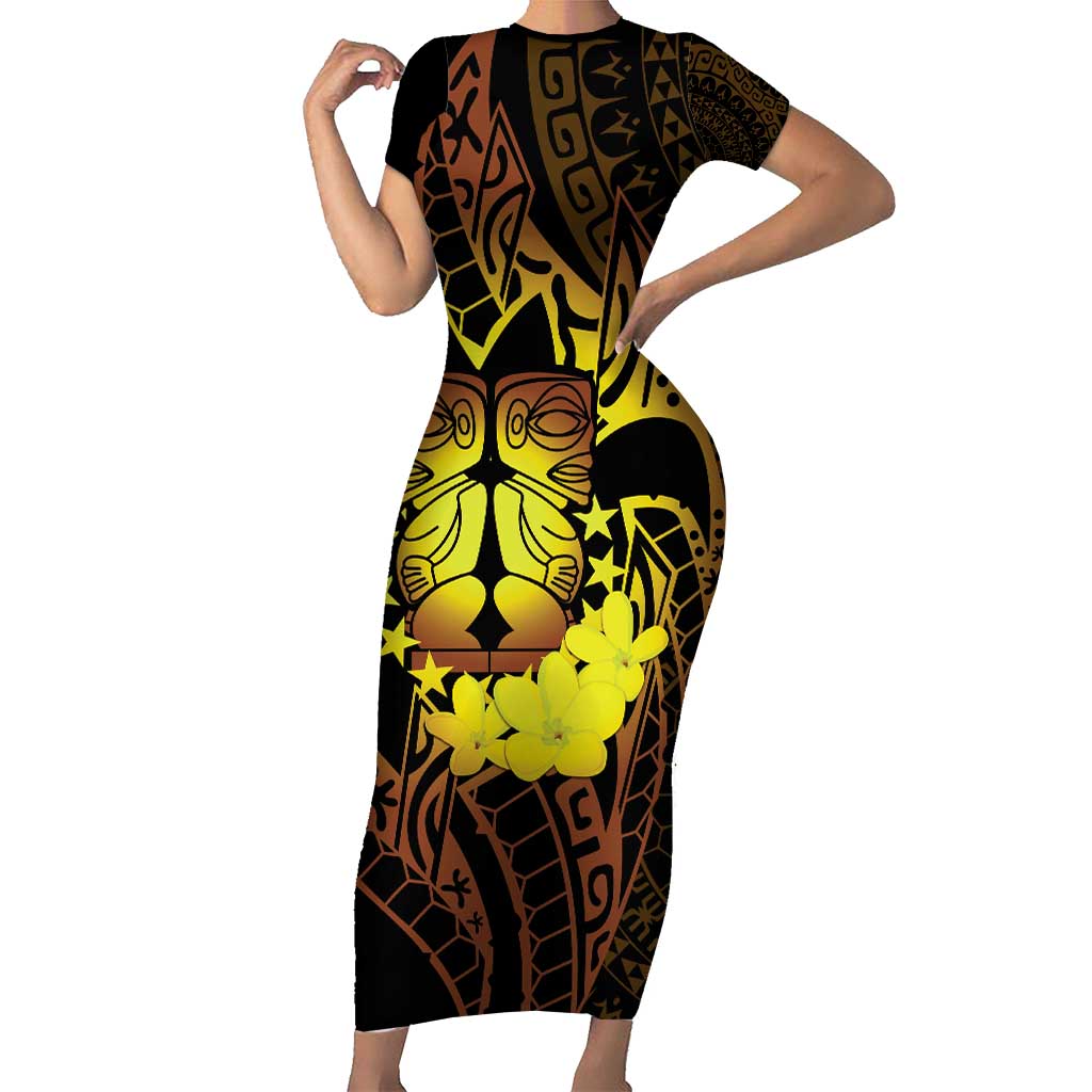 Kia Orana Kuki Airani Short Sleeve Bodycon Dress Cook Islands Tangaroa God Tatau Gold