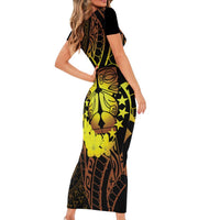 Kia Orana Kuki Airani Short Sleeve Bodycon Dress Cook Islands Tangaroa God Tatau Gold LT14 - Polynesian Pride