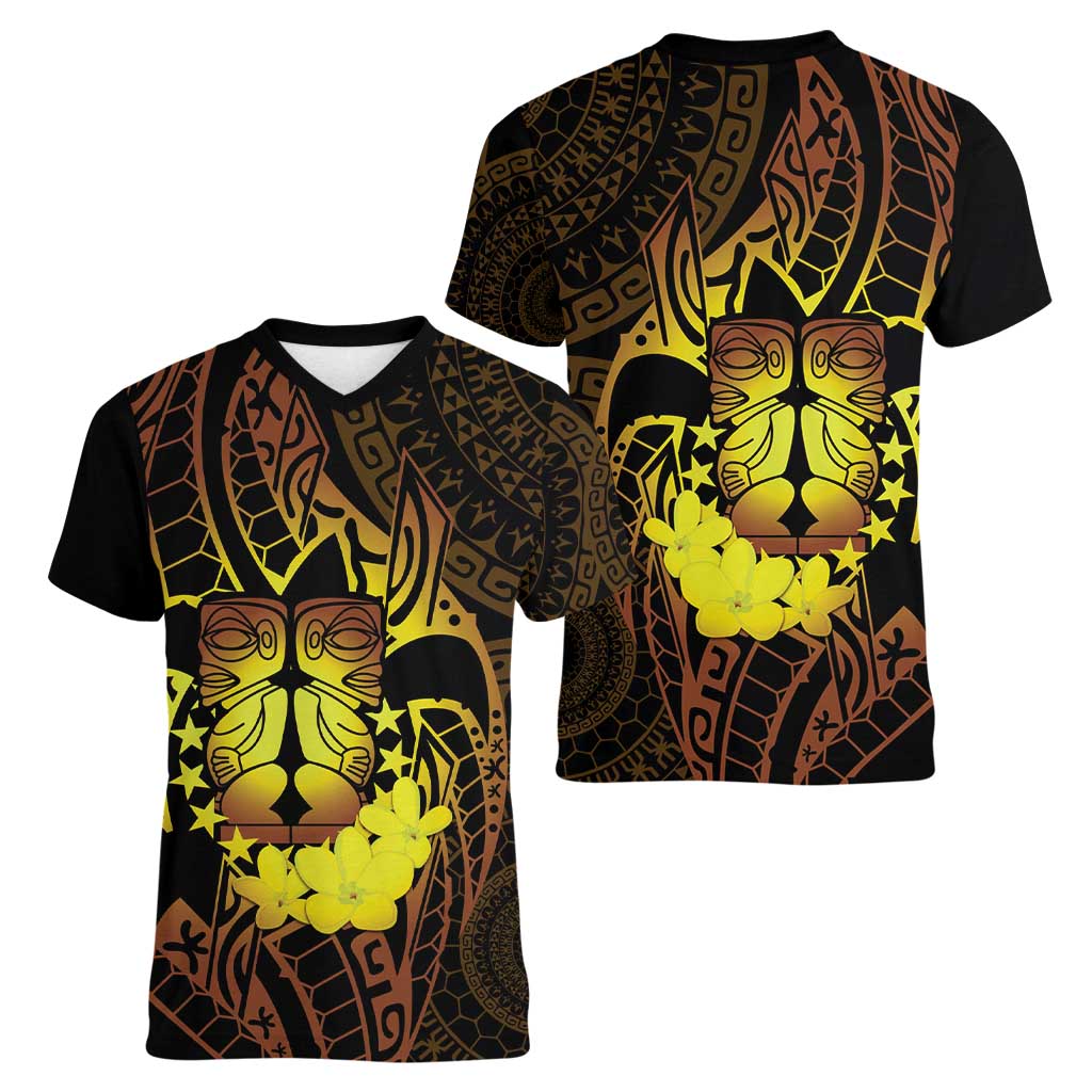 Kia Orana Kuki Airani Women V-Neck T-Shirt Cook Islands Tangaroa God Tatau Gold