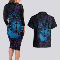 Kia Orana Kuki Airani Couples Matching Long Sleeve Bodycon Dress and Hawaiian Shirt Cook Islands Tangaroa God Tatau Purple LT14 - Polynesian Pride