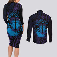 Kia Orana Kuki Airani Couples Matching Long Sleeve Bodycon Dress and Long Sleeve Button Shirt Cook Islands Tangaroa God Tatau Purple LT14 - Polynesian Pride