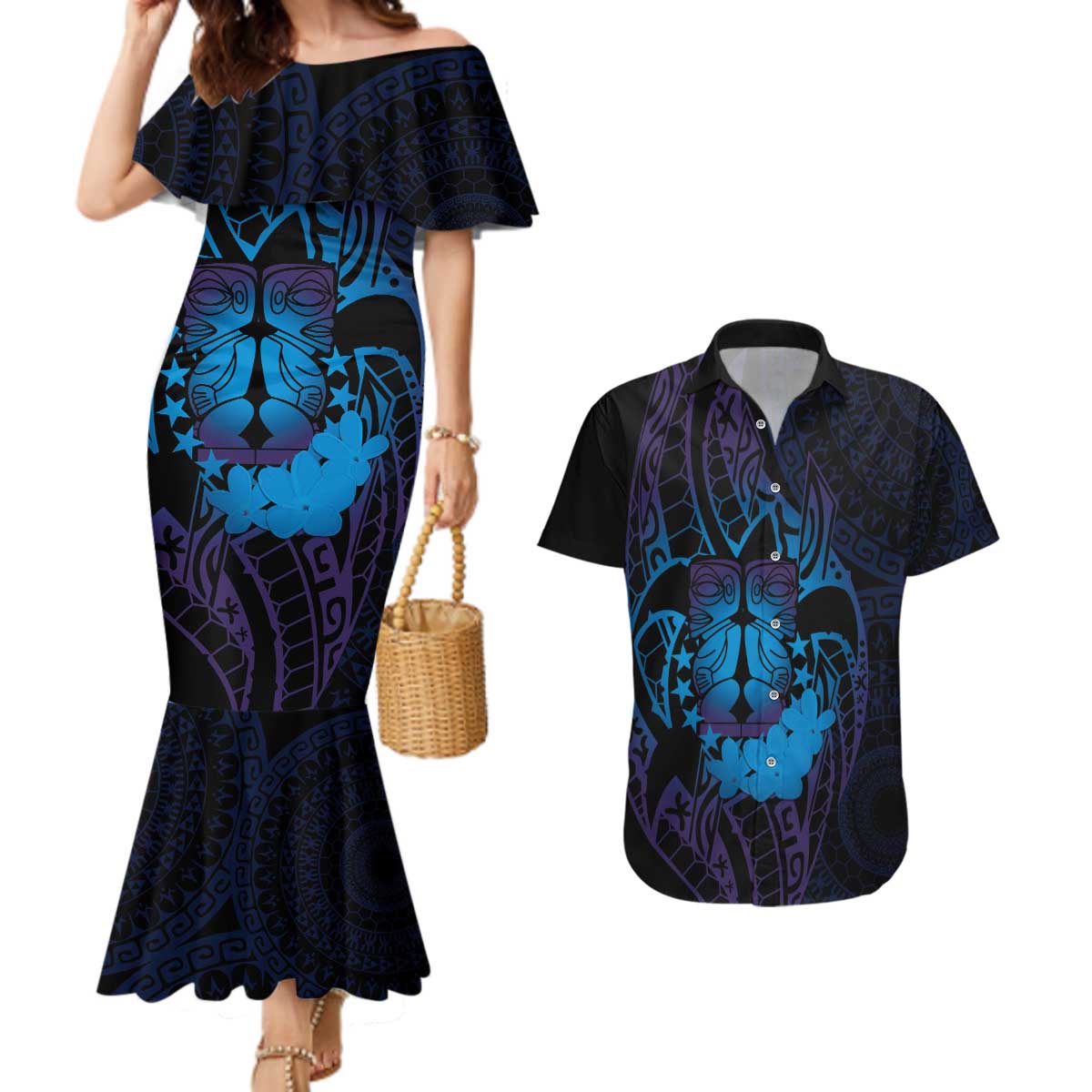 Kia Orana Kuki Airani Couples Matching Mermaid Dress and Hawaiian Shirt Cook Islands Tangaroa God Tatau Purple LT14 Purple - Polynesian Pride