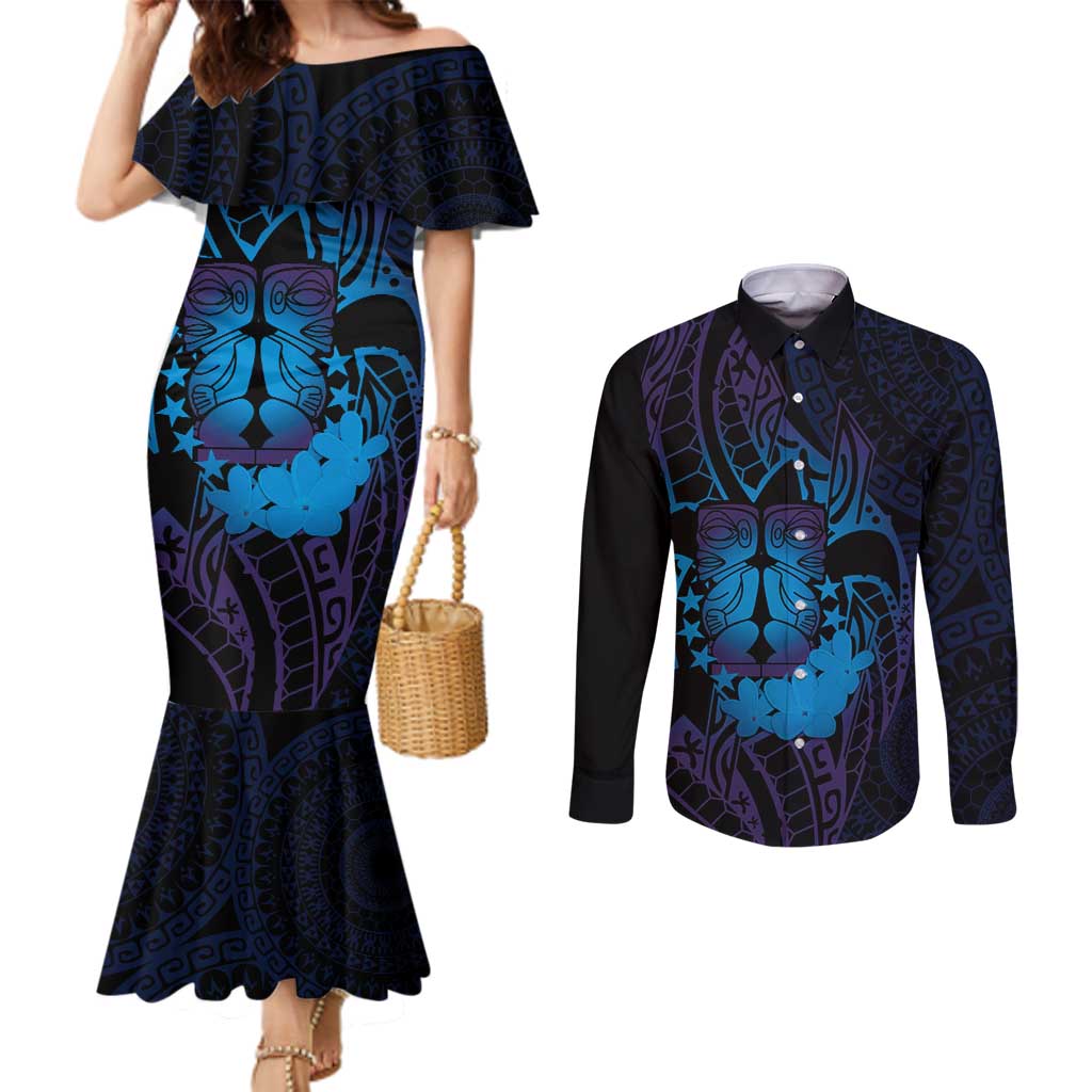Kia Orana Kuki Airani Couples Matching Mermaid Dress and Long Sleeve Button Shirt Cook Islands Tangaroa God Tatau Purple