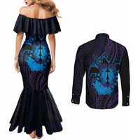 Kia Orana Kuki Airani Couples Matching Mermaid Dress and Long Sleeve Button Shirt Cook Islands Tangaroa God Tatau Purple LT14 - Polynesian Pride