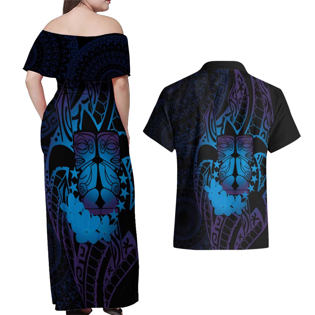 Kia Orana Kuki Airani Couples Matching Off Shoulder Maxi Dress and Hawaiian Shirt Cook Islands Tangaroa God Tatau Purple LT14 - Polynesian Pride