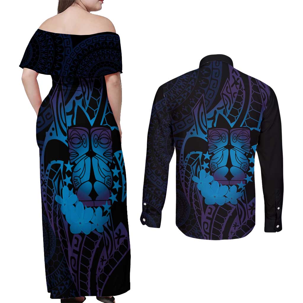 Kia Orana Kuki Airani Couples Matching Off Shoulder Maxi Dress and Long Sleeve Button Shirt Cook Islands Tangaroa God Tatau Purple LT14 - Polynesian Pride
