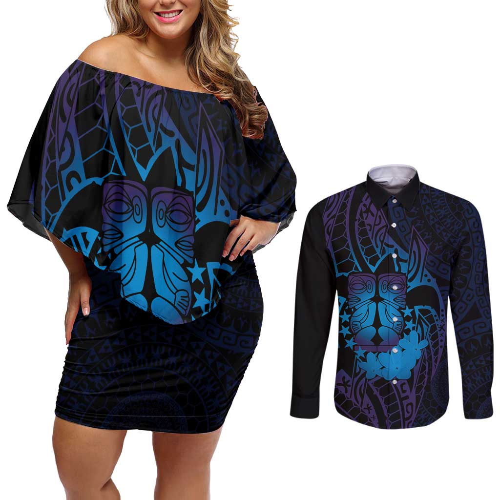 Kia Orana Kuki Airani Couples Matching Off Shoulder Short Dress and Long Sleeve Button Shirt Cook Islands Tangaroa God Tatau Purple LT14 Purple - Polynesian Pride