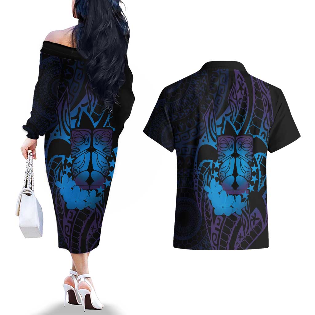 Kia Orana Kuki Airani Couples Matching Off The Shoulder Long Sleeve Dress and Hawaiian Shirt Cook Islands Tangaroa God Tatau Purple LT14 - Polynesian Pride