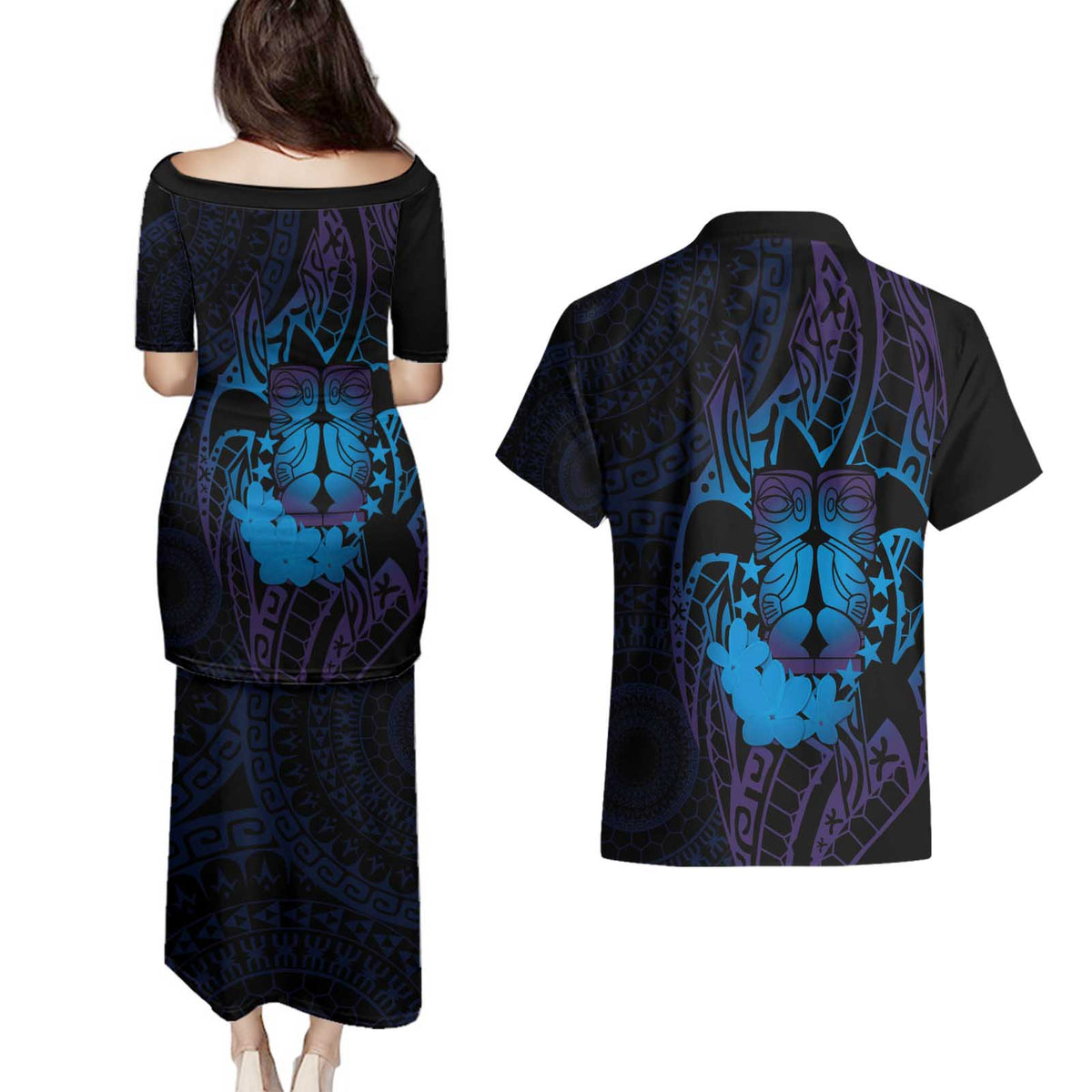 Kia Orana Kuki Airani Couples Matching Puletasi and Hawaiian Shirt Cook Islands Tangaroa God Tatau Purple LT14 - Polynesian Pride
