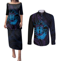 Kia Orana Kuki Airani Couples Matching Puletasi and Long Sleeve Button Shirt Cook Islands Tangaroa God Tatau Purple LT14 Purple - Polynesian Pride