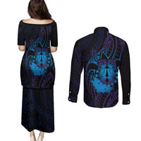 Kia Orana Kuki Airani Couples Matching Puletasi and Long Sleeve Button Shirt Cook Islands Tangaroa God Tatau Purple LT14 - Polynesian Pride