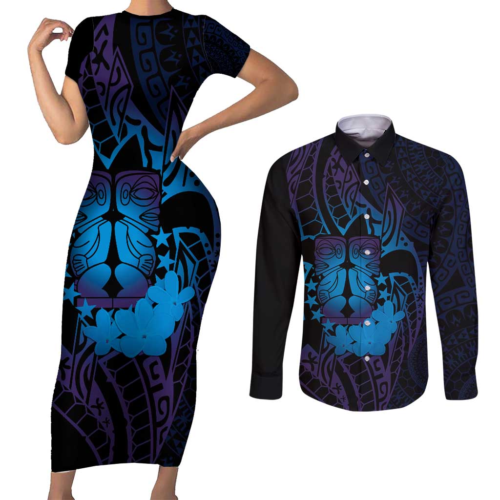 Kia Orana Kuki Airani Couples Matching Short Sleeve Bodycon Dress and Long Sleeve Button Shirt Cook Islands Tangaroa God Tatau Purple LT14 Purple - Polynesian Pride
