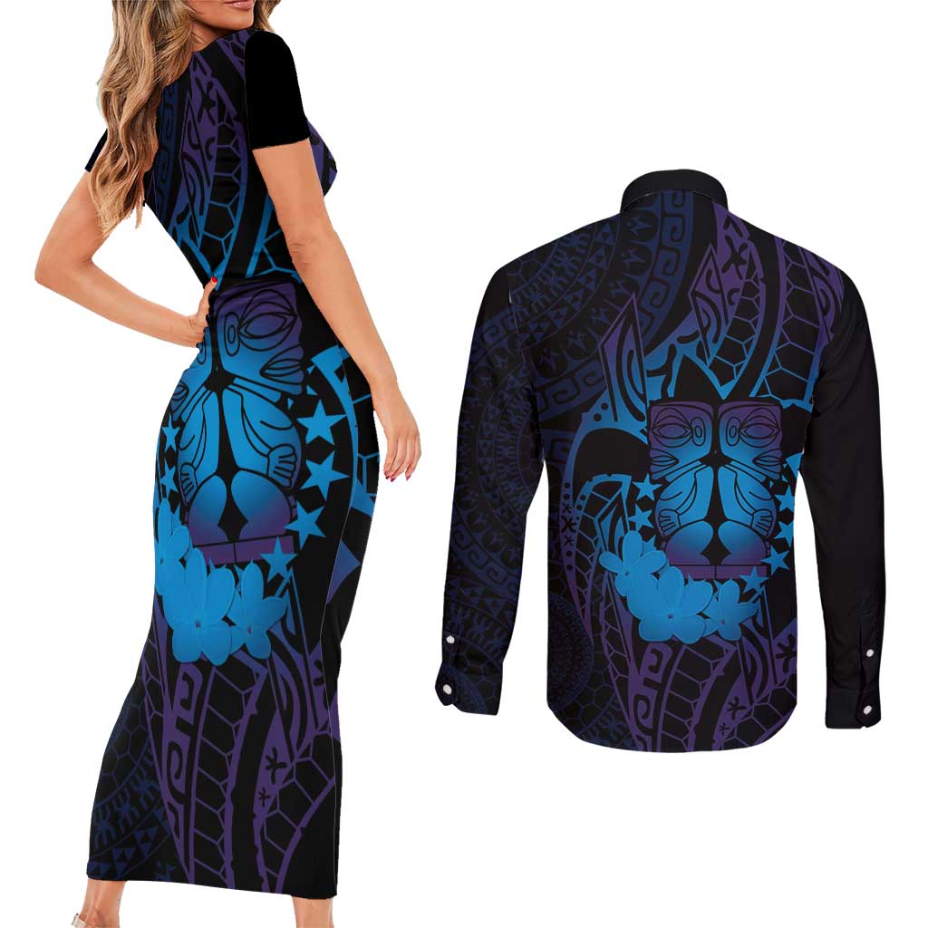 Kia Orana Kuki Airani Couples Matching Short Sleeve Bodycon Dress and Long Sleeve Button Shirt Cook Islands Tangaroa God Tatau Purple LT14 - Polynesian Pride