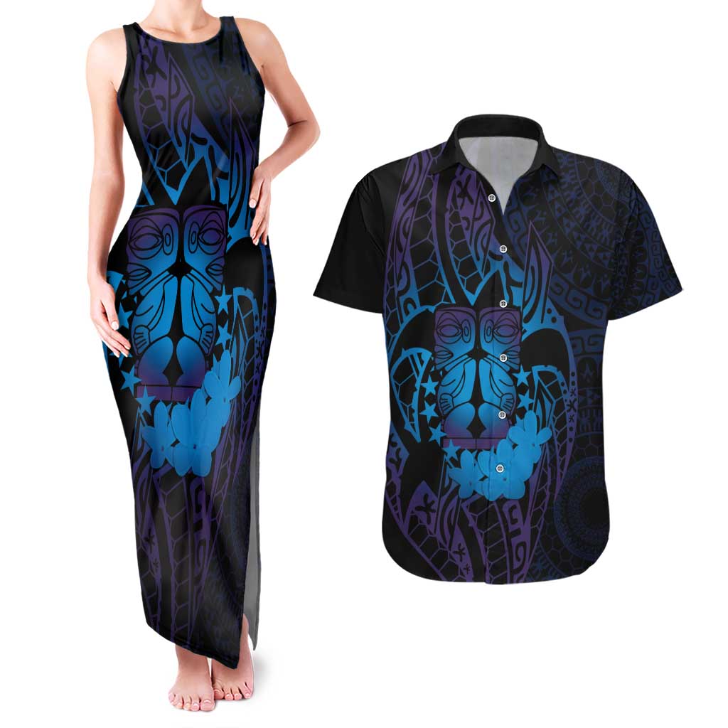 Kia Orana Kuki Airani Couples Matching Tank Maxi Dress and Hawaiian Shirt Cook Islands Tangaroa God Tatau Purple