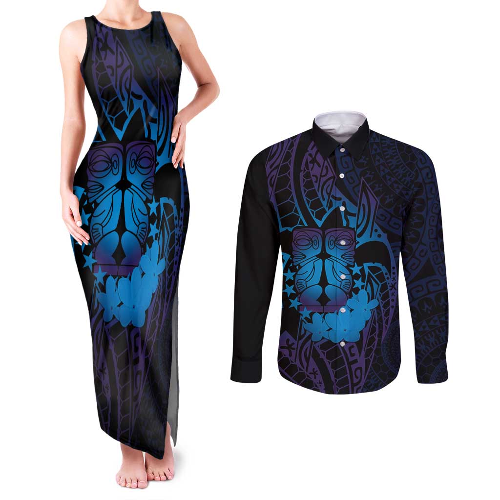 Kia Orana Kuki Airani Couples Matching Tank Maxi Dress and Long Sleeve Button Shirt Cook Islands Tangaroa God Tatau Purple LT14 Purple - Polynesian Pride