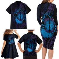 Kia Orana Kuki Airani Family Matching Long Sleeve Bodycon Dress and Hawaiian Shirt Cook Islands Tangaroa God Tatau Purple LT14 - Polynesian Pride