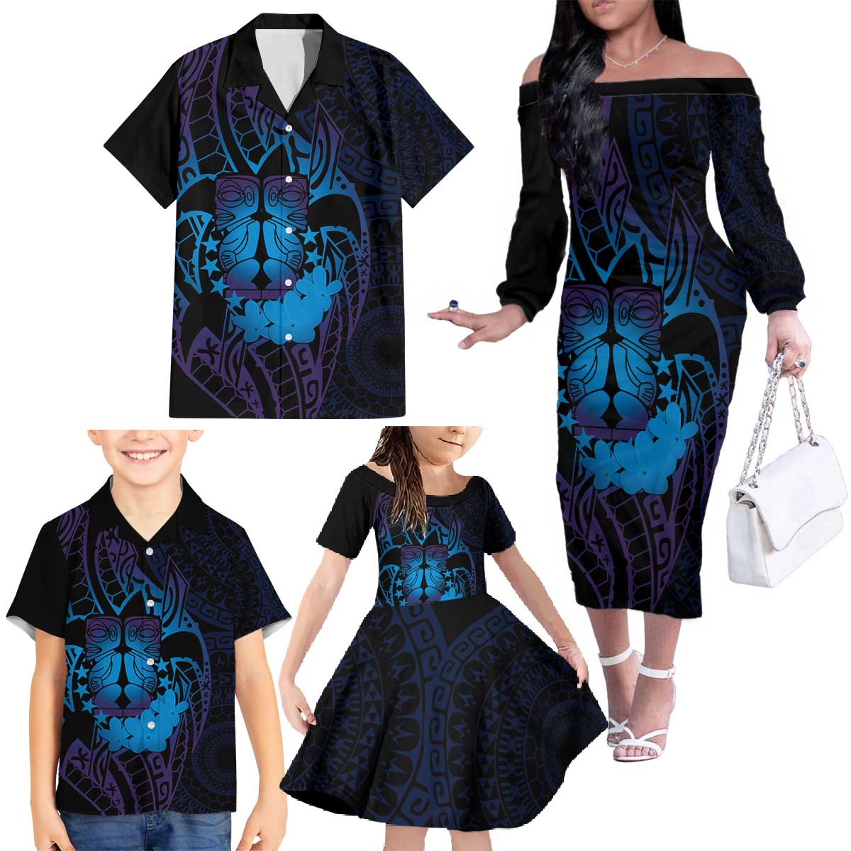 Kia Orana Kuki Airani Family Matching Off The Shoulder Long Sleeve Dress and Hawaiian Shirt Cook Islands Tangaroa God Tatau Purple LT14 - Polynesian Pride