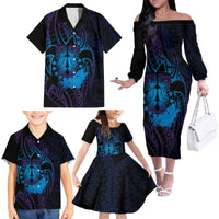 Kia Orana Kuki Airani Family Matching Off The Shoulder Long Sleeve Dress and Hawaiian Shirt Cook Islands Tangaroa God Tatau Purple LT14 - Polynesian Pride